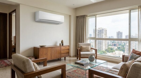 R290 split air conditioner outdoor and indoor units installed on building