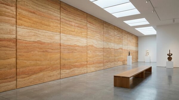 Flexible rammed earth wall tiles used as interior wall finish