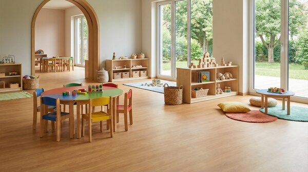 Bio-based resilient flooring in commercial corridor