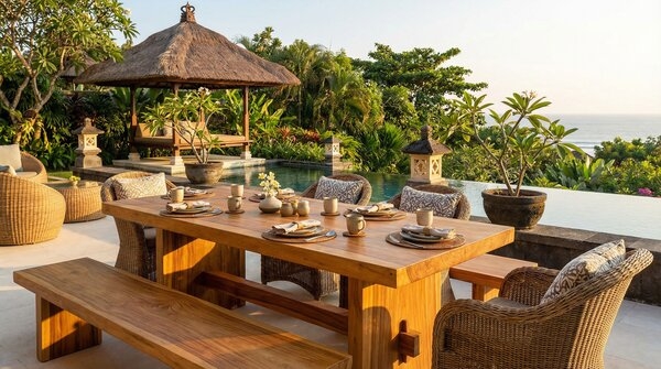 Handcrafted teak hospitality furniture for resort and villa interiors