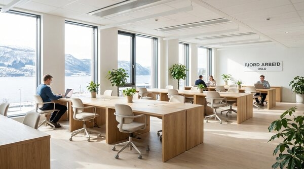 Scandinavian workplace furniture including ergonomic chairs and collaborative seating