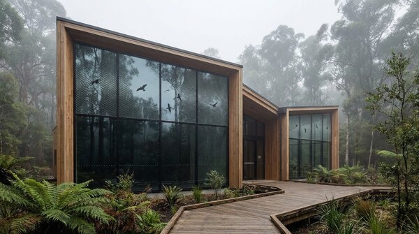 Bird-safe patterned glass in institutional building façade