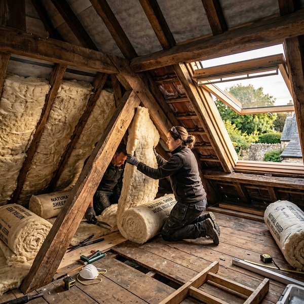 Sheep wool insulation being installed in cottage loft