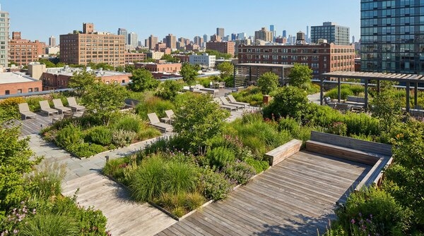 Extensive green roof with amenity deck and planting on urban building