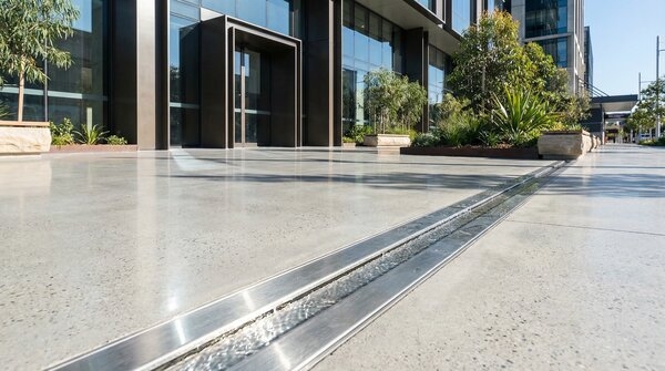 Linear drainage channel integrated into paved landscape for stormwater management
