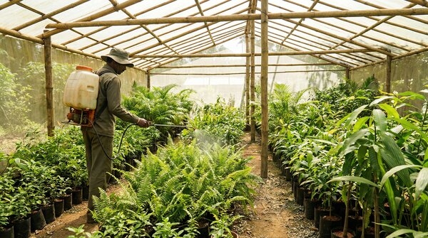 Organic neem-based treatment being applied to landscape planting