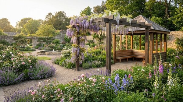 Timber pergola and gazebo structures in landscaped garden