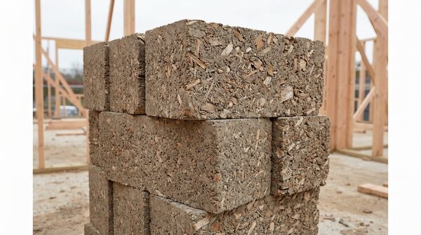 Wood-cement insulated concrete form blocks stacked on site