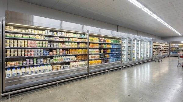 Lineup of commercial display fridges and freezers in retail environment