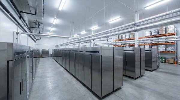 Interior of large industrial cold store with racking and pallets