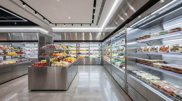 Supermarket refrigeration cabinets and island cases in aisle