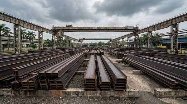 Steel structural beams stacked in fabrication yard